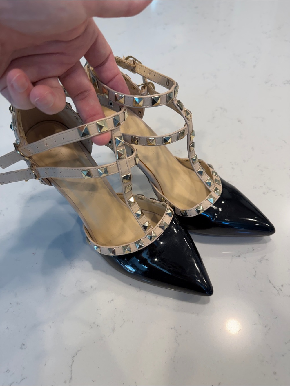 Wild Diva Black Patent Pointed T-Strap Heels with Cream Studded Straps